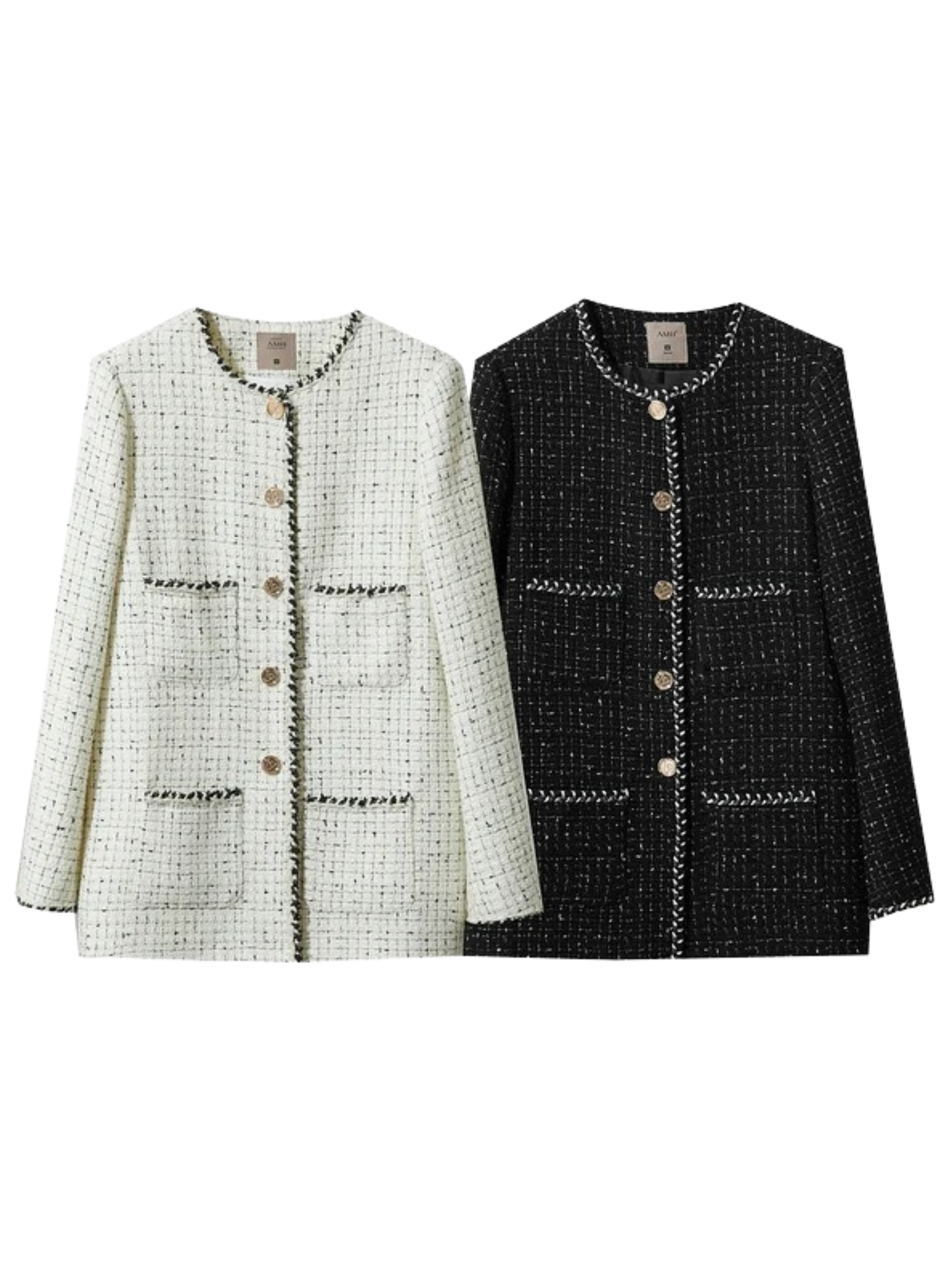 A beige tweed jacket and black tweed jacket with gold buttons.