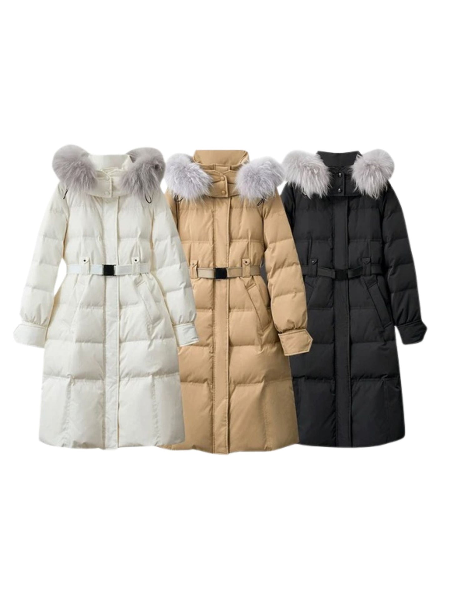 A small grouped image showing the coat in all three colors — black, white, and beige — displayed side by side on mannequins or hangers