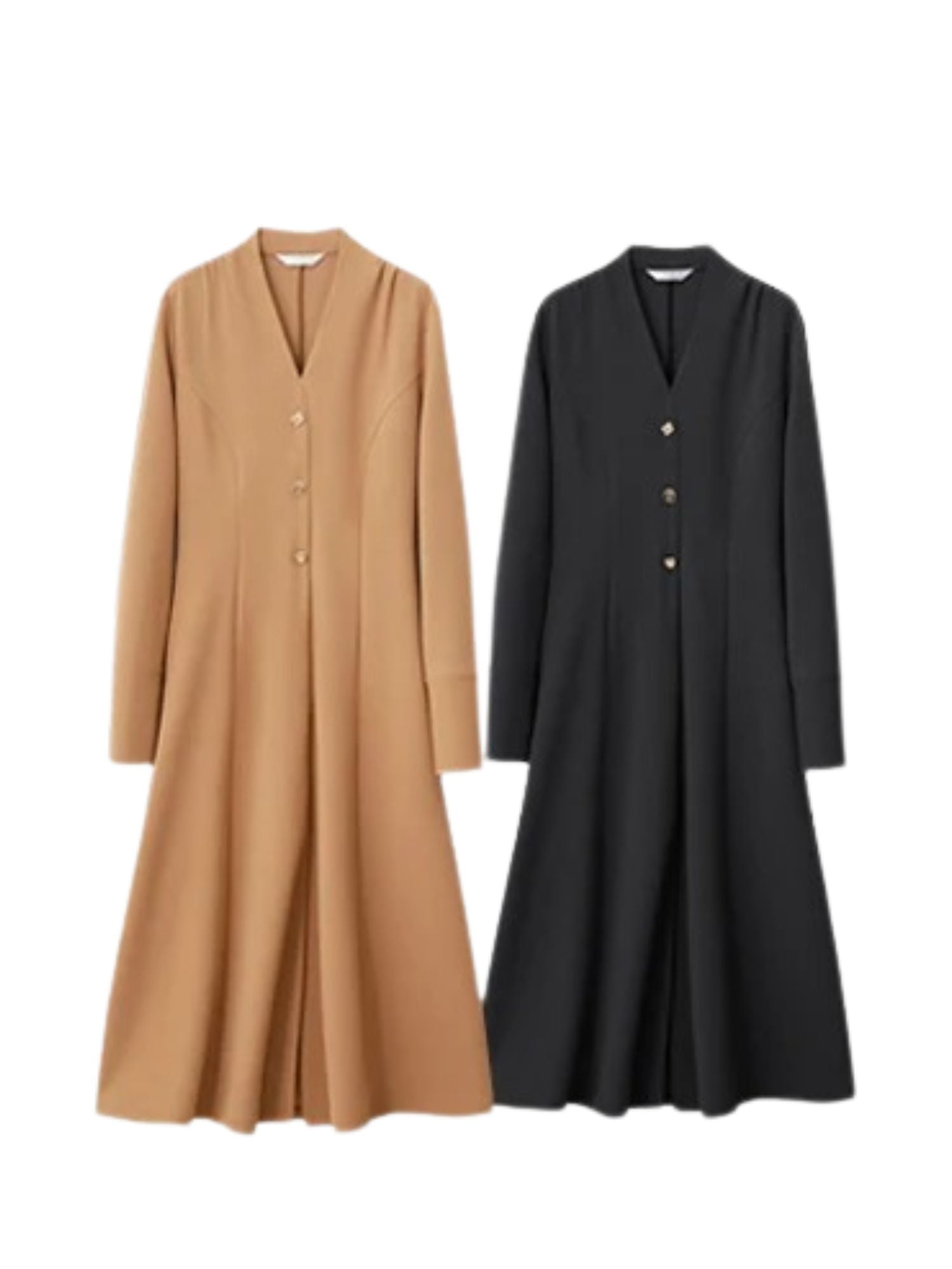 Beige and black V-neck dresses displayed side by side.