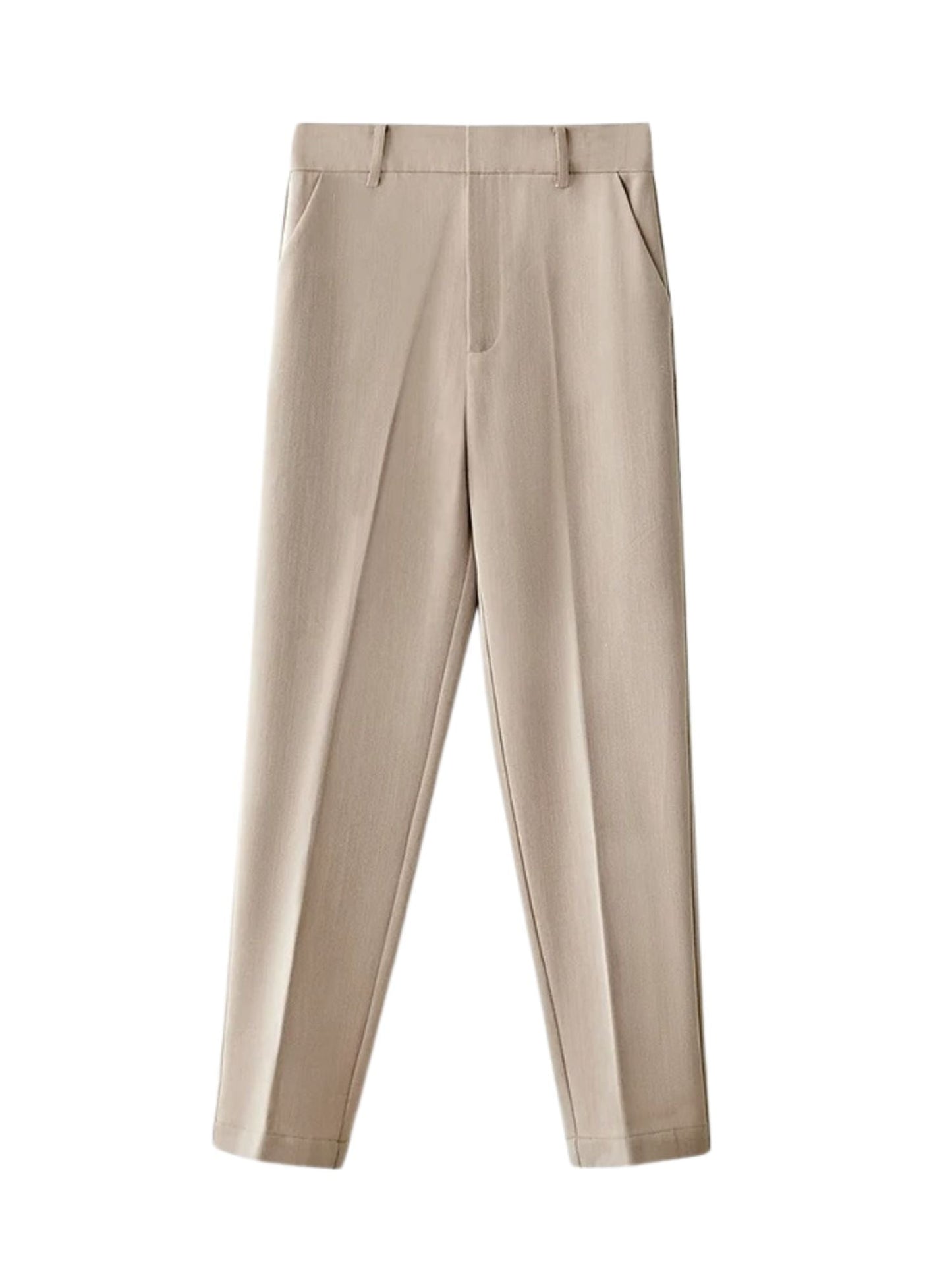 Beige tailored trousers laid flat