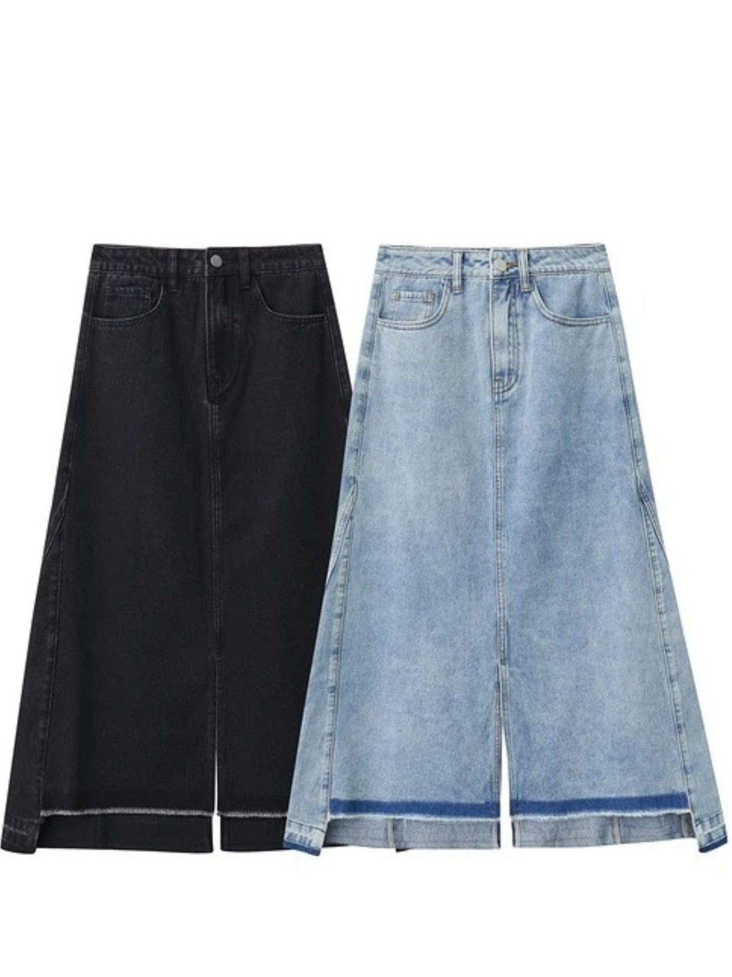 Flat lay of black and light blue denim midi skirts. Both skirts feature front slit and contrast hemline details