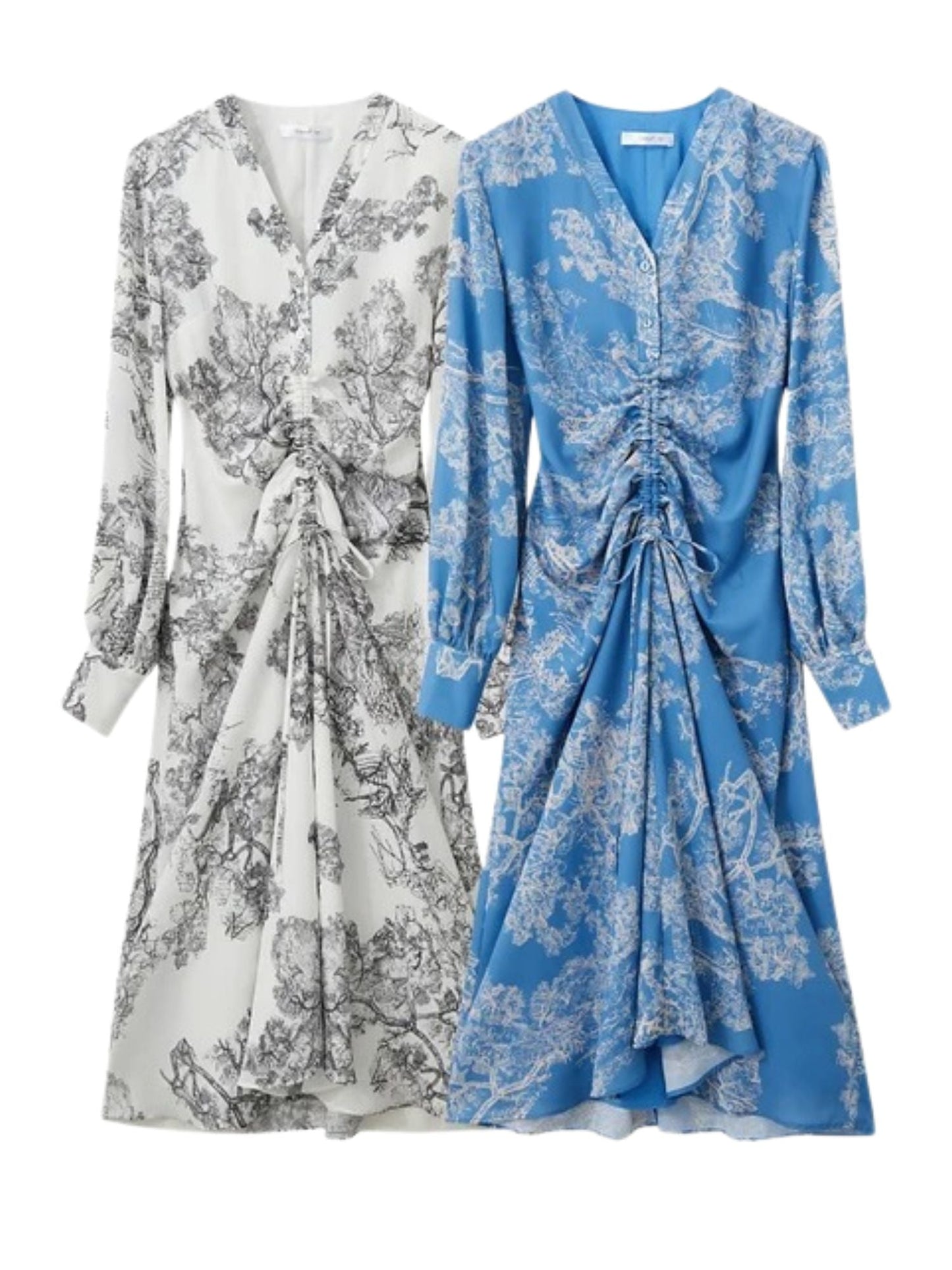 Flat lay of blue and white long-sleeve floral wrap midi dresses with ruched fronts