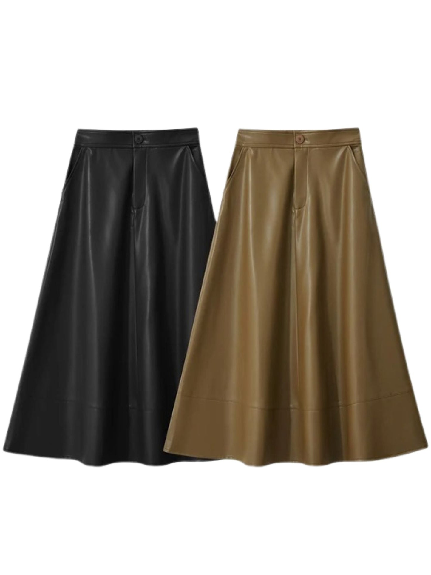 Flat lay of black and brown faux leather midi skirts with A-line silhouette