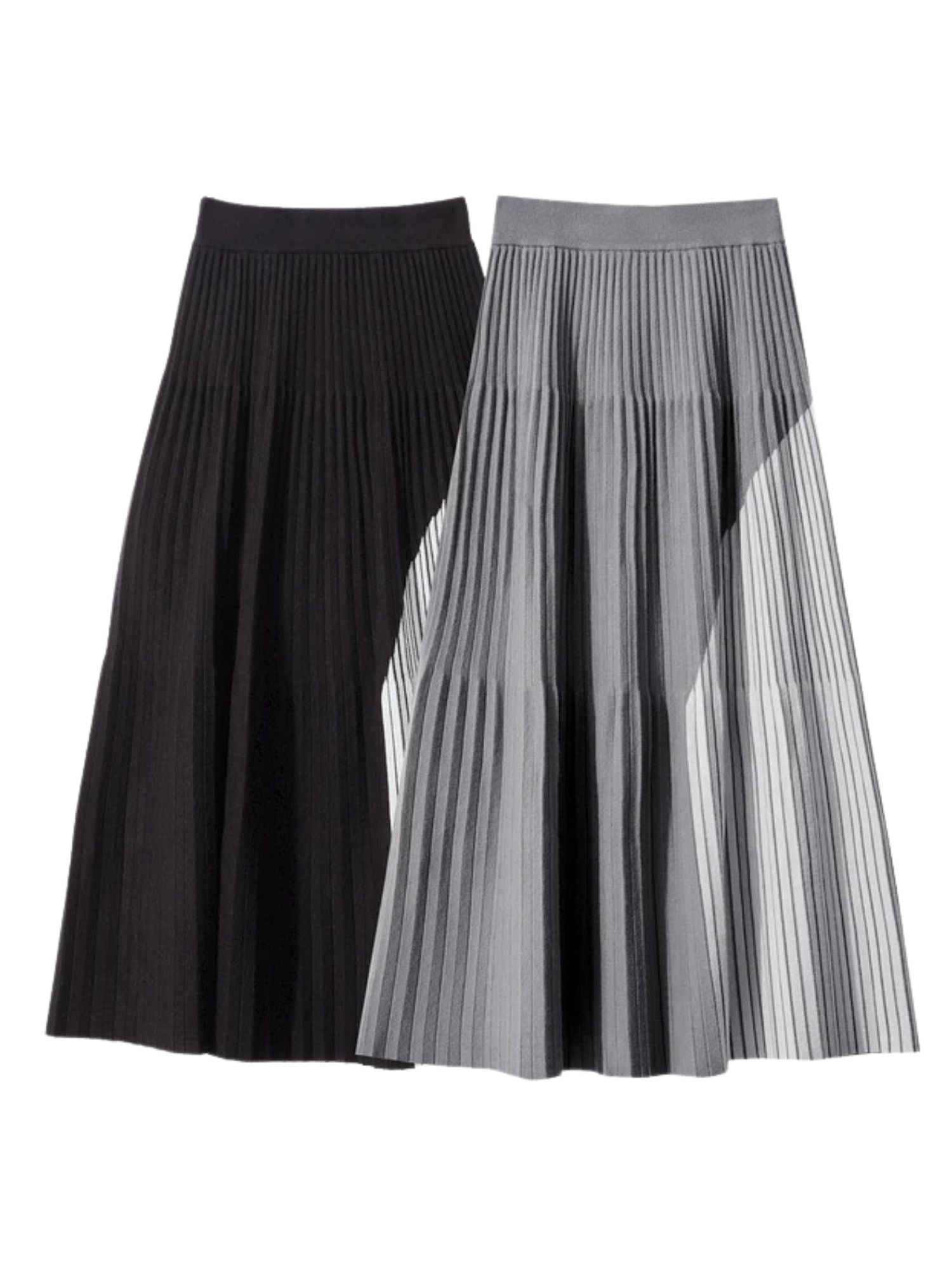 Two pleated skirts in black and grey.