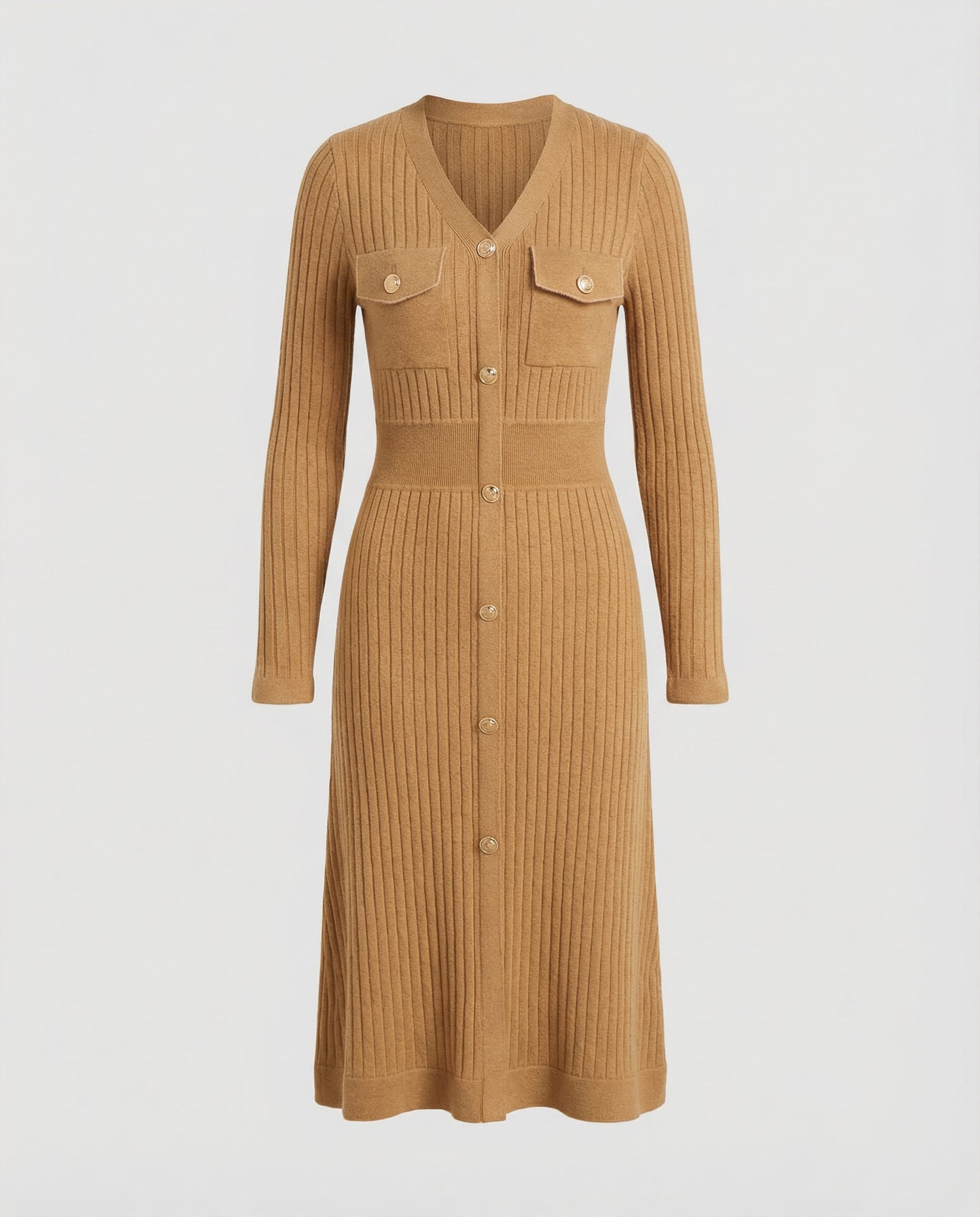 Brown ribbed dress with button details on a light gray background