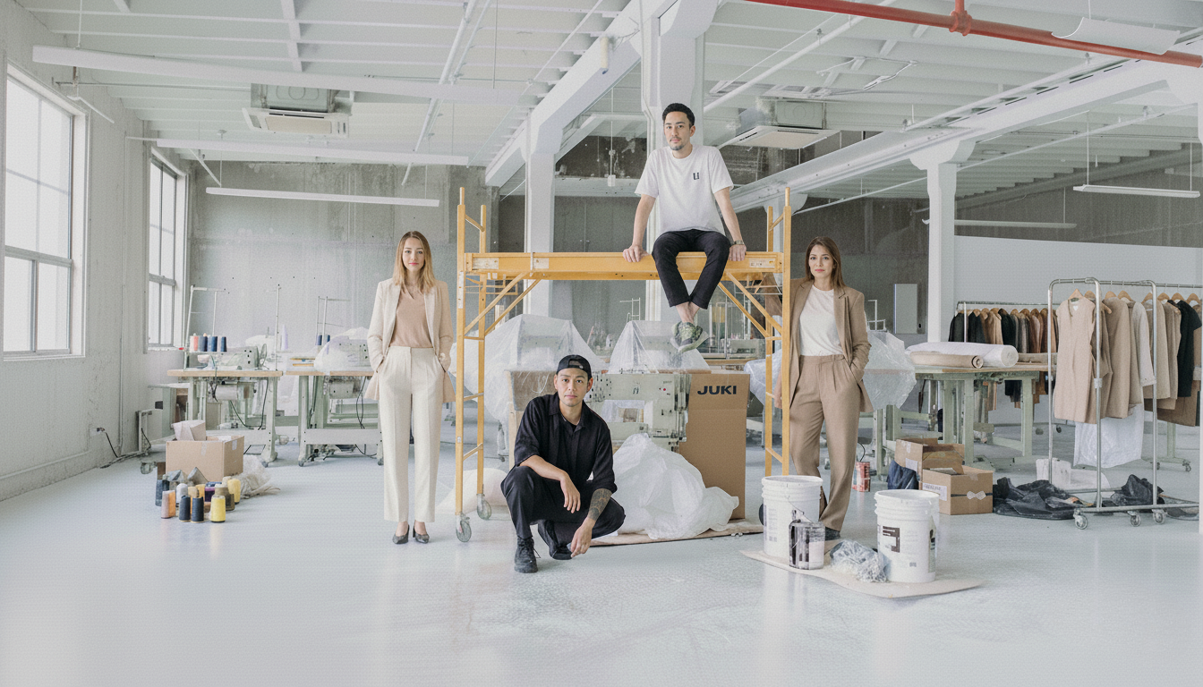 Four people in a modern, minimalistic office space with white walls and concrete floors.