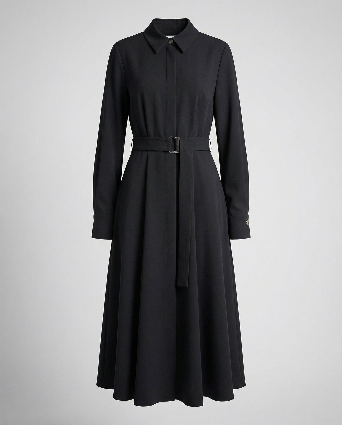 Black coat with a belt on a light gray background