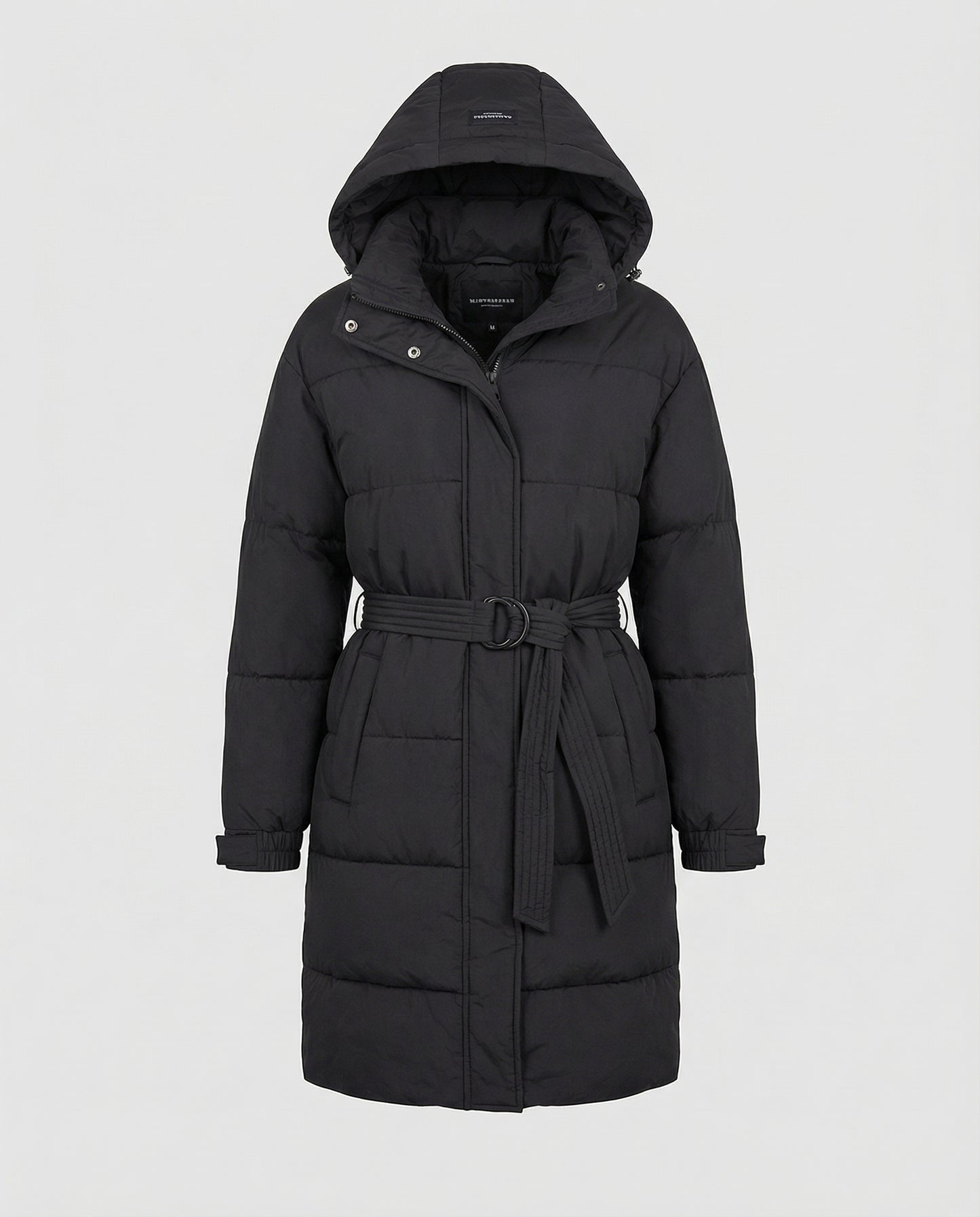 Black puffer coat with a hood on a light gray background