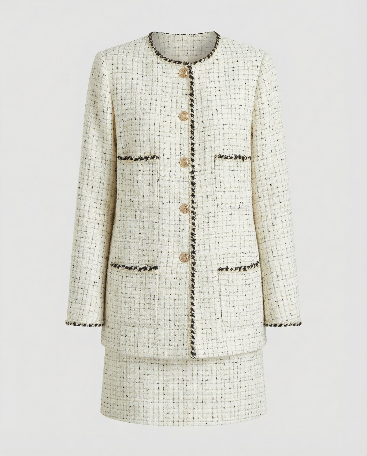 Tweed jacket and skirt set on a light gray background