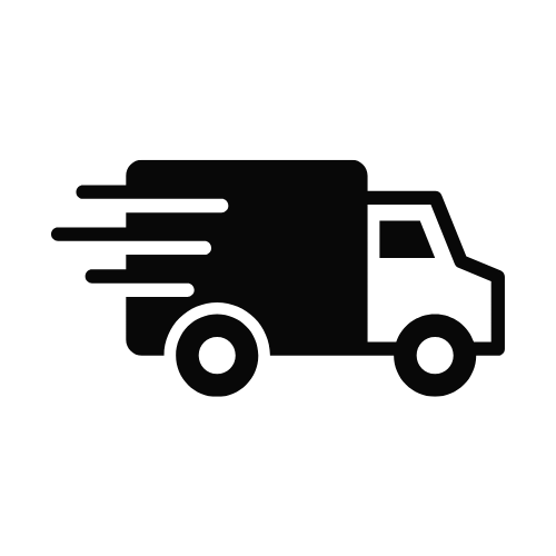 Black silhouette of a delivery truck with speed lines on a white background