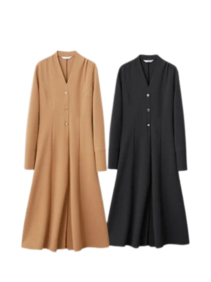 Color options for women's long-sleeve button-front midi dress in camel and black