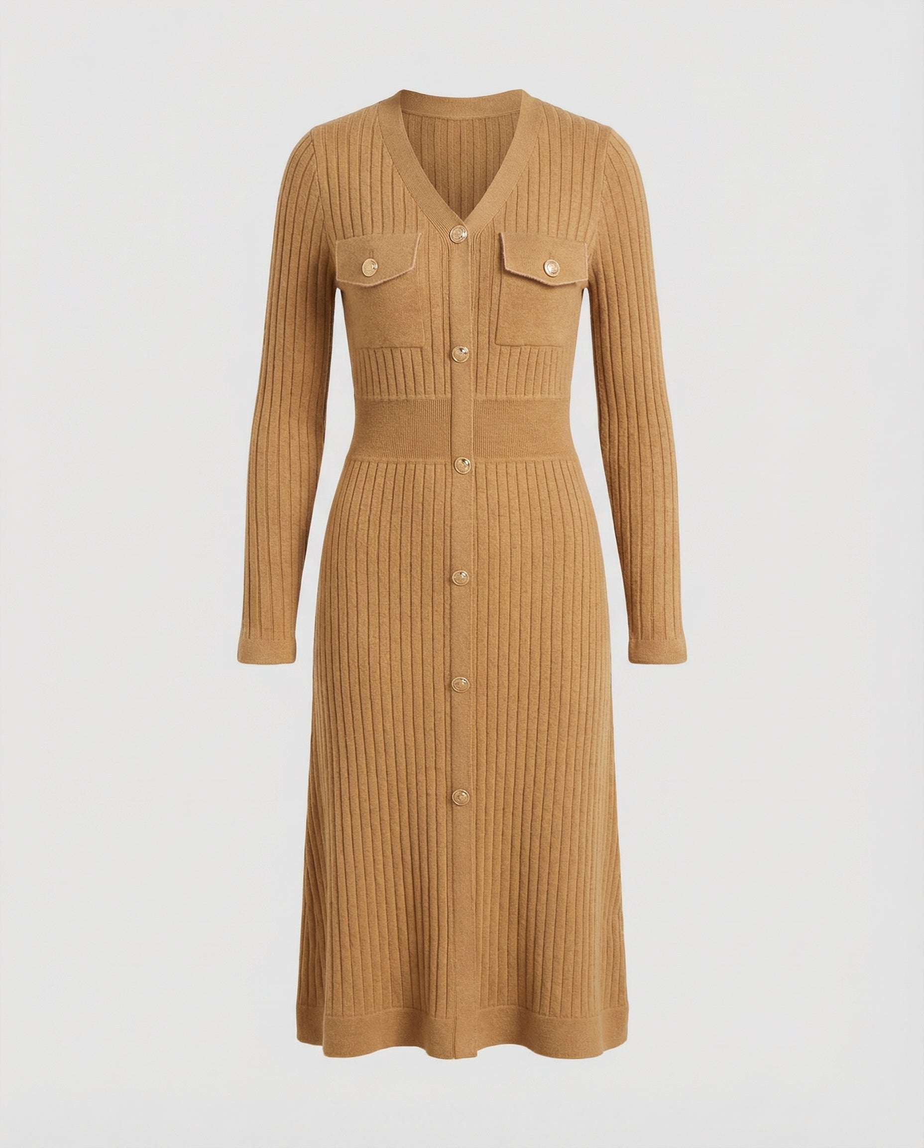 Brown ribbed dress with button details on a light gray background