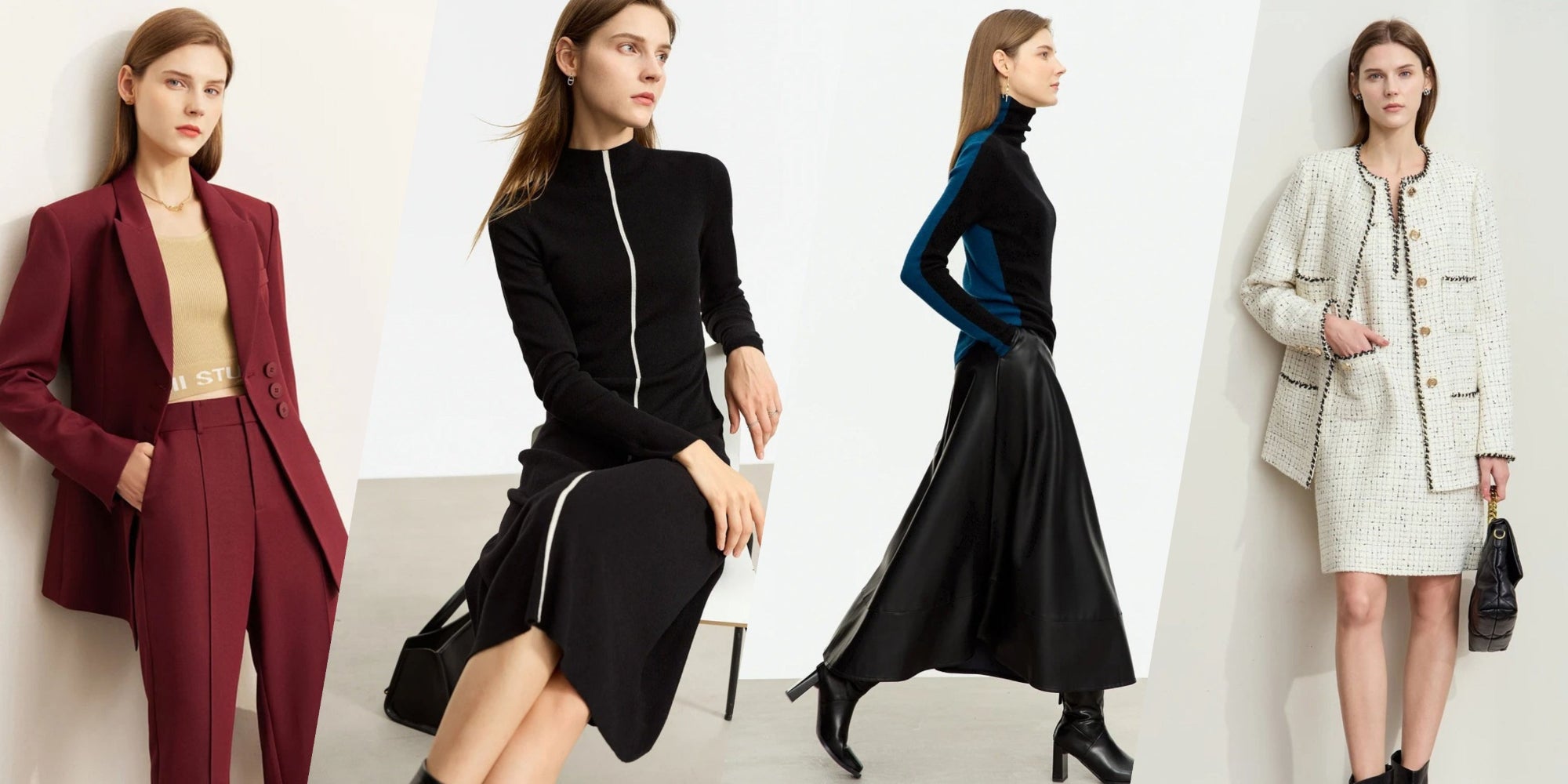 Different women wearing stylish clothing from blazers to dresses.