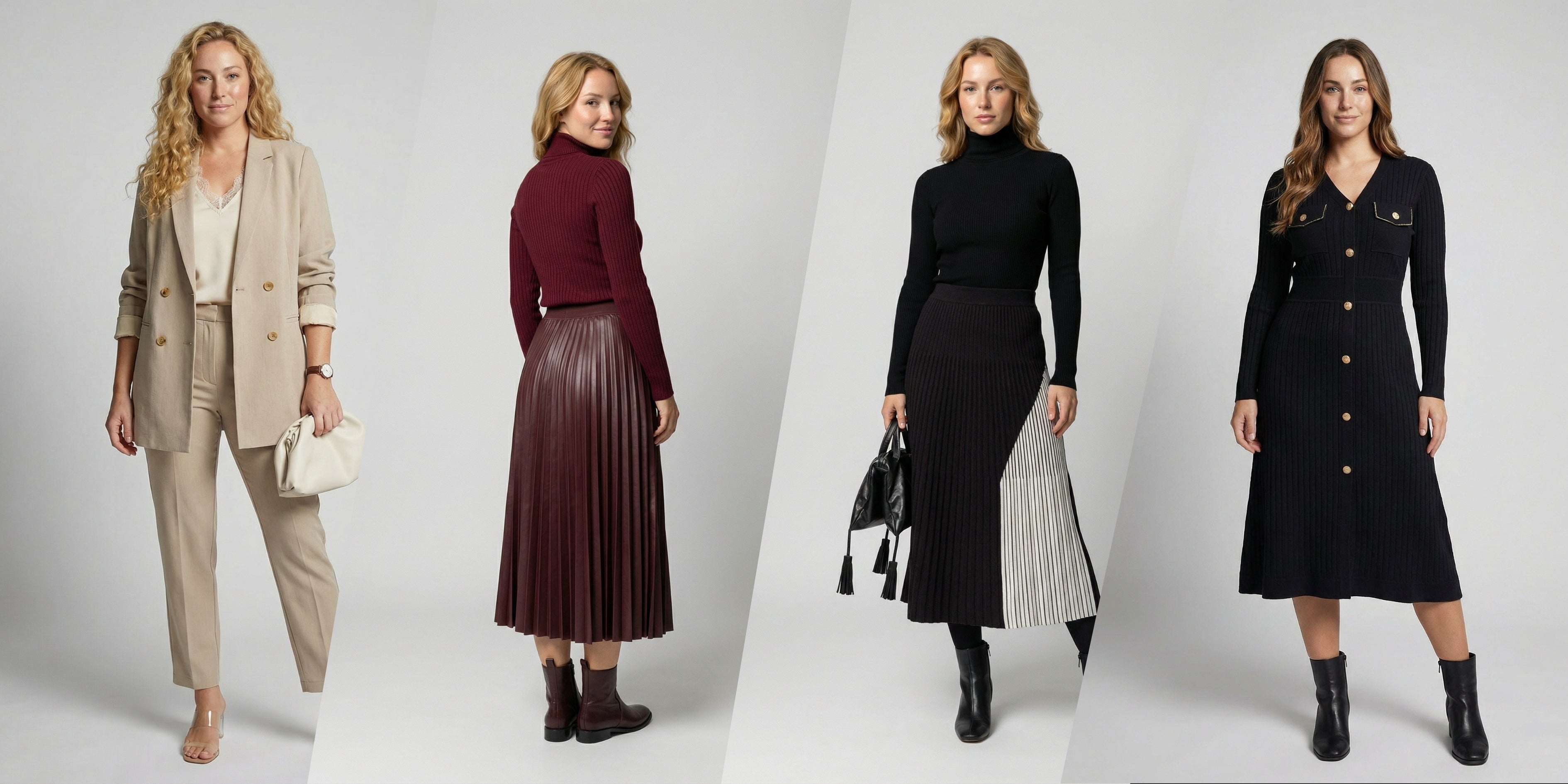 Four different outfits worn by a model on a white background