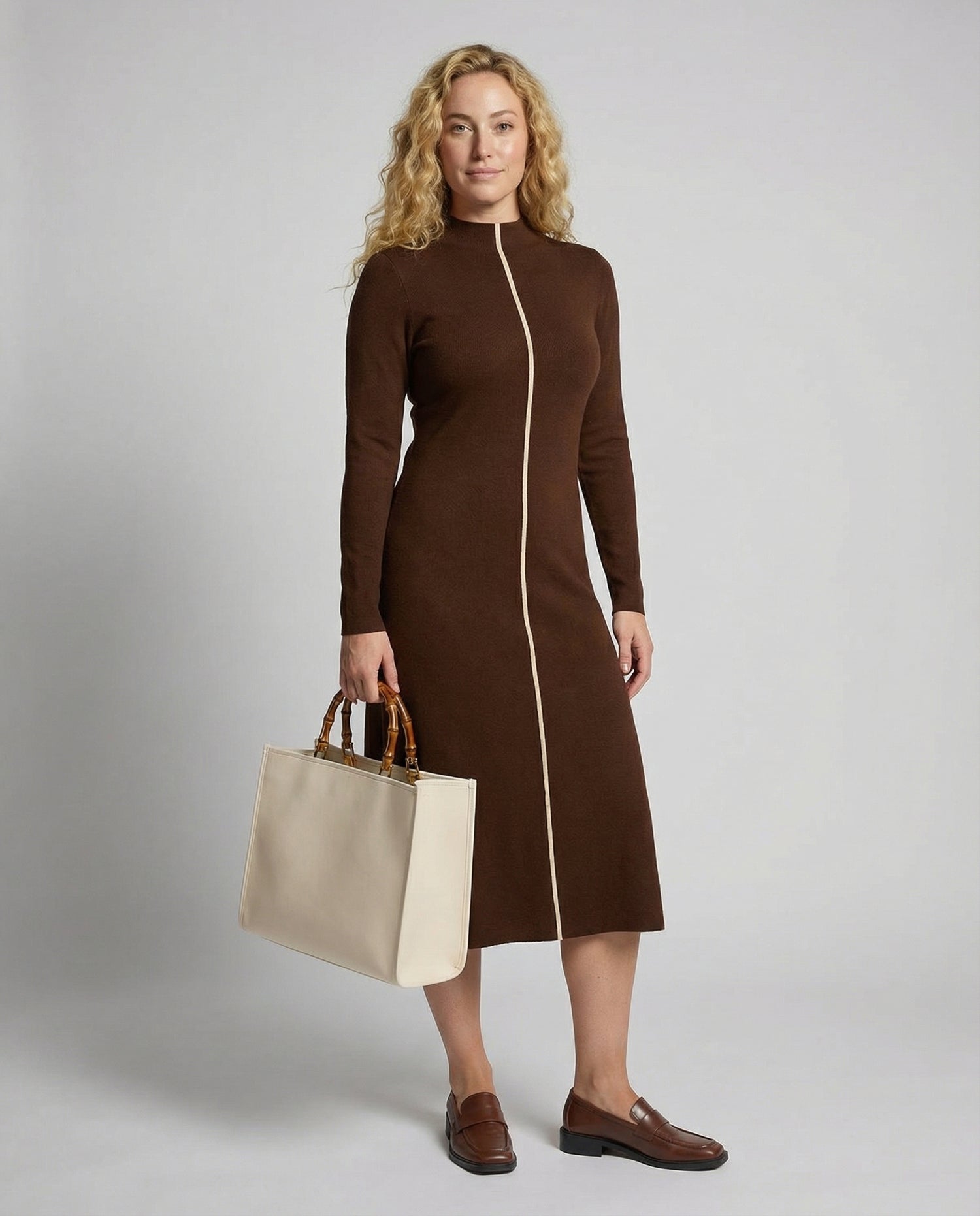 Woman wearing a brown dress holding a beige handbag against a plain background