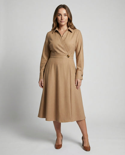 Woman wearing a beige trench coat on a plain background