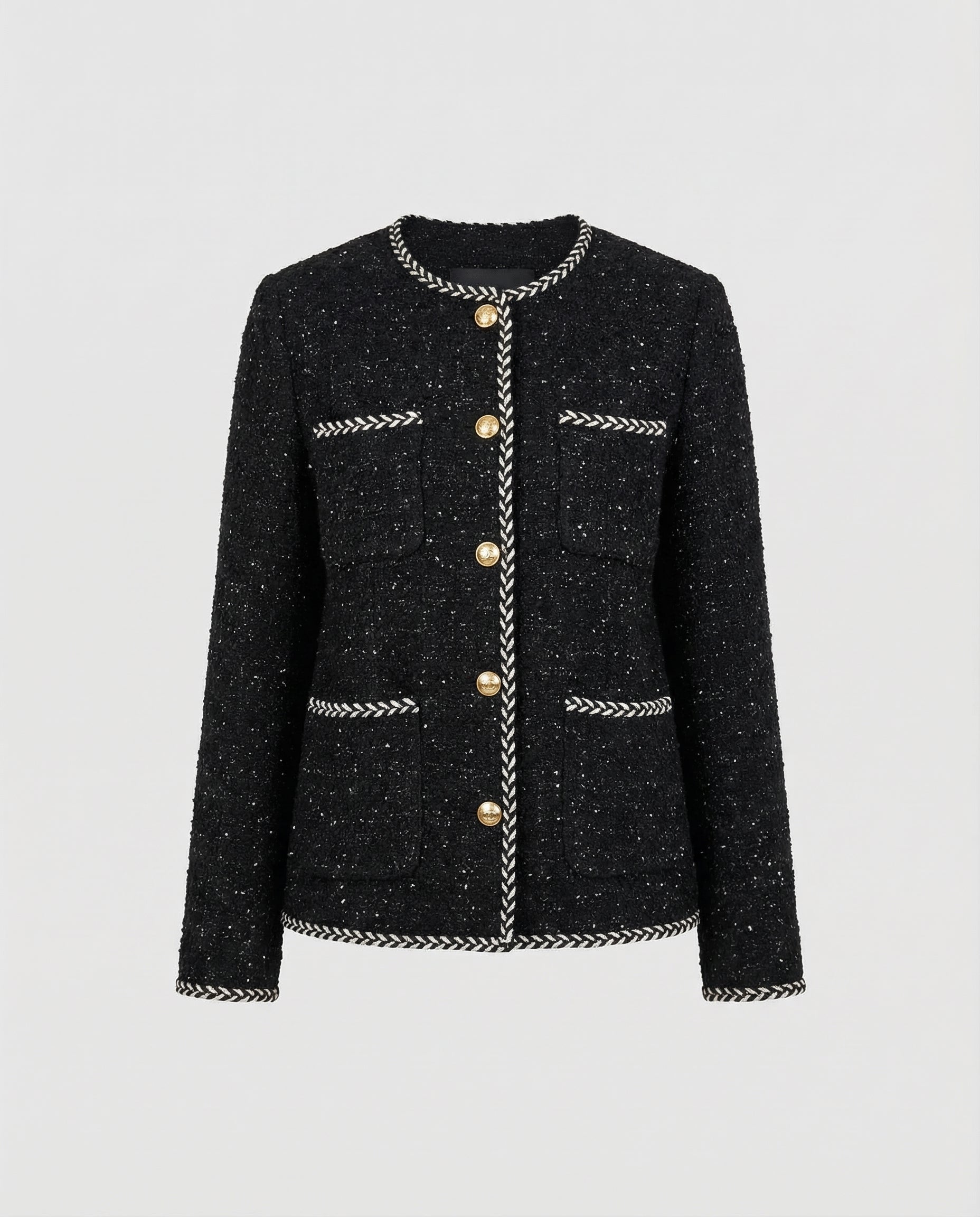 Black textured jacket with gold buttons and trim on a light gray background