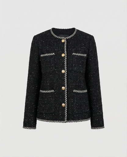 Black textured jacket with gold buttons and trim on a light gray background