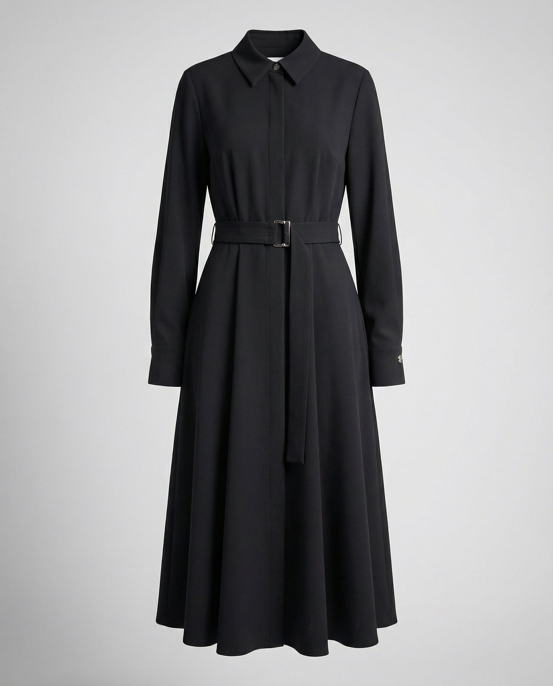 Black coat with a belt on a light gray background